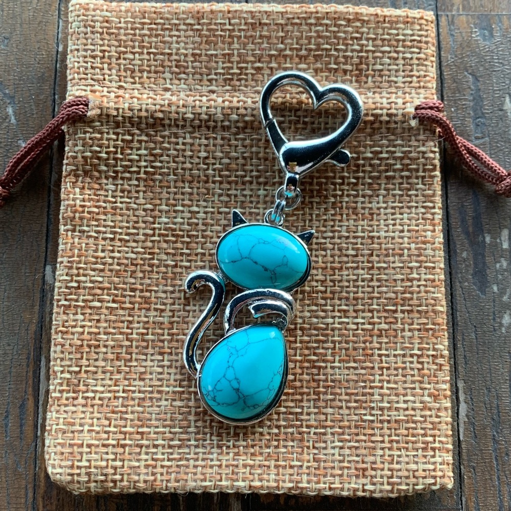 Blue Howlite Cat Bag Charm Kitty Cat Jewelry Crystal Cat Charm Bag Charm